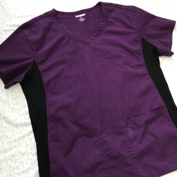 SCRUBSTAR Scrub Top Eggplant Purple Black M Short Sleeve V-Neck Front Pockets - Picture 15 of 15